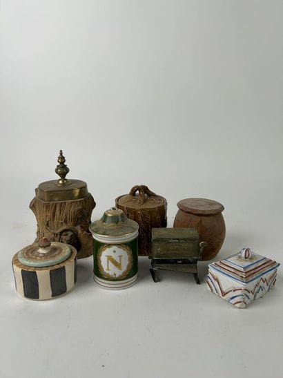 LOT OF 7 tobacco jars, with chips and missing...