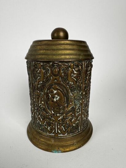 Tobacco jar, made of repoussé copper, adorned...