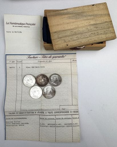 Cinq pièces de 100 Fr Marie Curie
