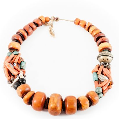 Necklace with amber, coral, turquoise, hard...