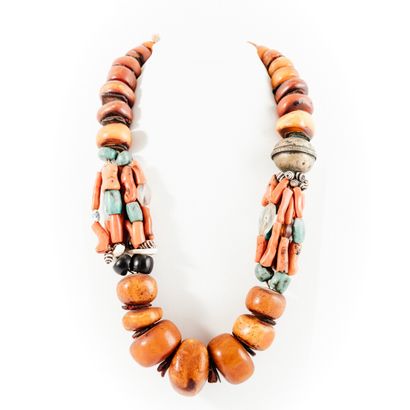 Necklace with amber, coral, turquoise, hard...