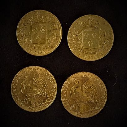 4 pieces of 20 Fr gold Louis XVIII cock