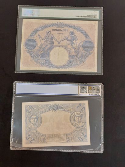 Lot of two banknotes, 1 black 20 Fr banknote...