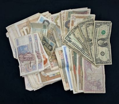 Set of various bills Dollars, Francs... in...