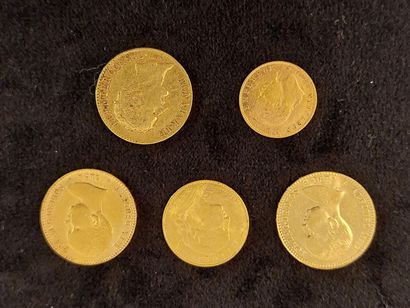 Lot of 5 gold coins: 2 coins of 20 Pesetes,...