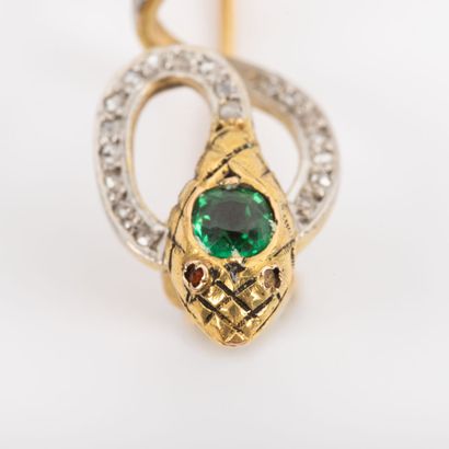 Caduceus brooch, green stone, rose cut diamonds...
