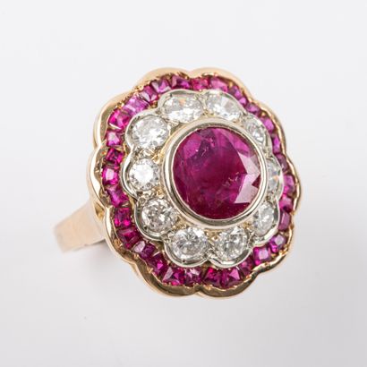Daisy ring with ruby in closed setting, surrounding...