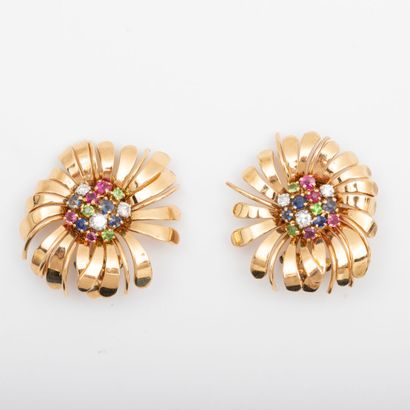 Pair of tutti frutti flower ear clips, diamonds...
