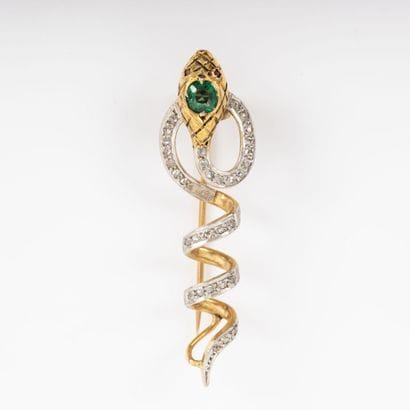 Caduceus brooch, green stone, rose cut diamonds...