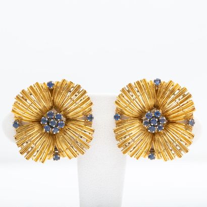 Pair of textured gold and sapphire flower...