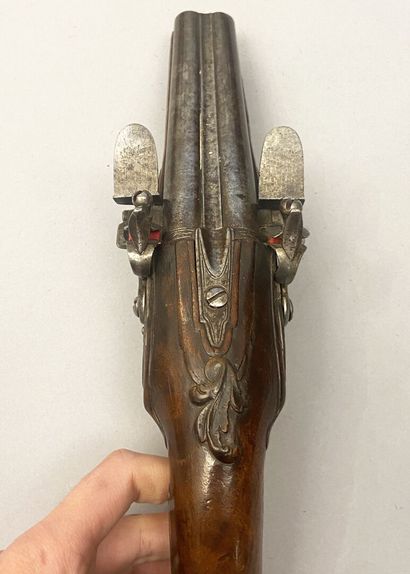 Large double flintlock travel pistol. Total...