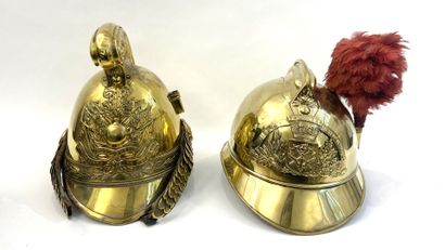 Lot of two helmets shells brass firefighter,...