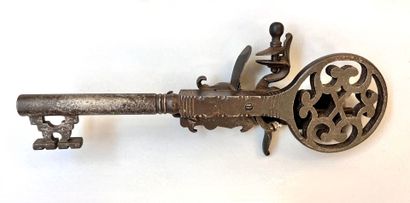 Rare et imposante clef pistolet à silex en...