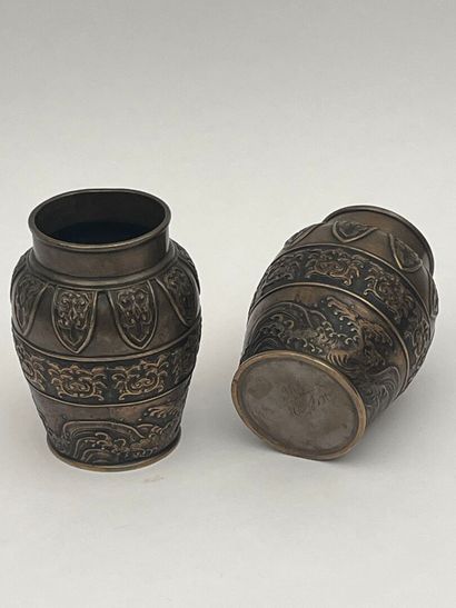 Paire de vases en bronze à décor en relief...