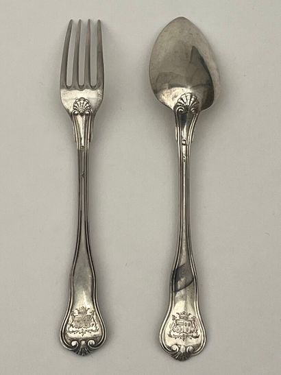 Suite de six couverts à entremets en argent,...