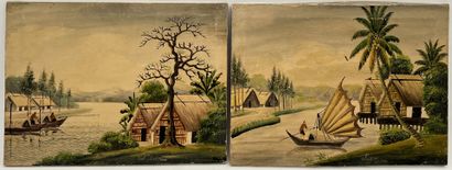 L. XUAN 
Deux paysages animés : Vietnam
Huile...