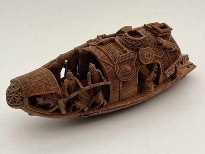 Etui à pipe à en bambou sculpté d'une jonque...