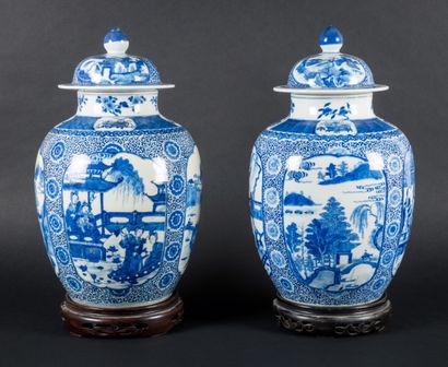 Paire de pots couverts en porcelaine blanc-bleu...