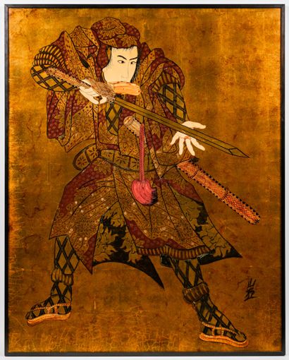 Panneau de laque à décor d'un guerrier japonais....