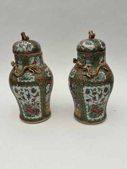 Paire de vases couverts en porcelaine polychrome...