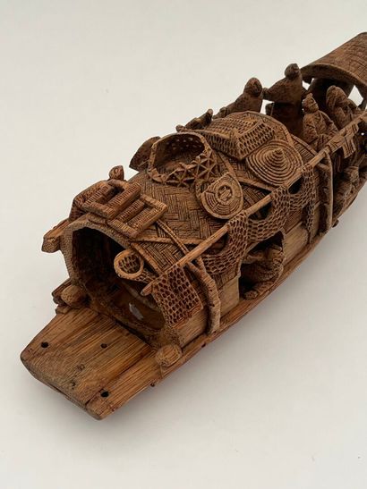Etui à pipe à en bambou sculpté d'une jonque...