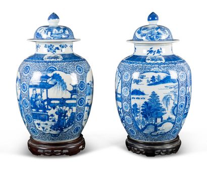 Paire de pots couverts en porcelaine blanc-bleu...