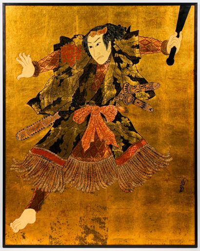 Panneau de laque à décor d'un guerrier japonais....