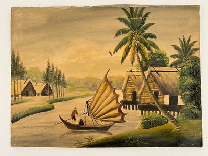 L. XUAN 
Deux paysages animés : Vietnam
Huile...