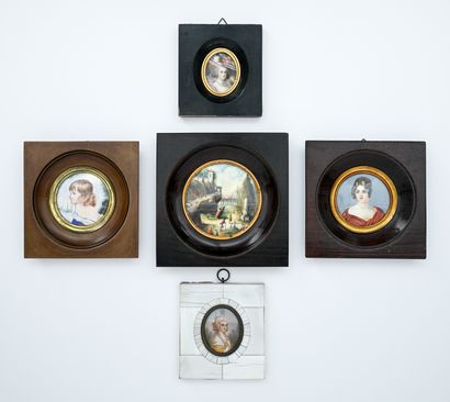 Ensemble de cinq miniatures diverses XIXe,...