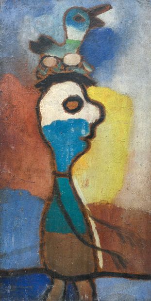 ECOLE MODERNE 
L'homme au chapeau oiseau
Huile...