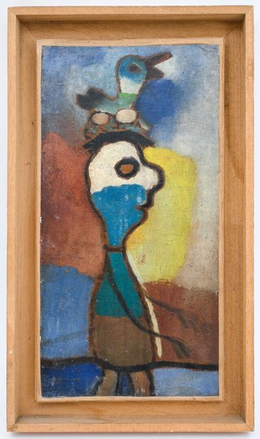 ECOLE MODERNE 
L'homme au chapeau oiseau
Huile...