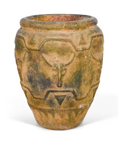 Stoneware vase decorated with bull heads...