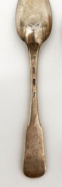 Set of four spoons and a fork in silver uniplat...