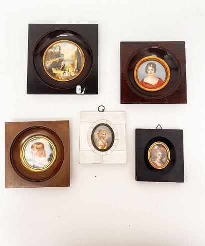 Set of five 19th-century miniatures, some...