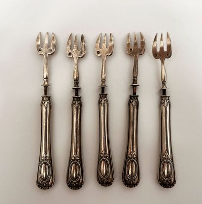 Set of five oyster forks, silver tip, forged...