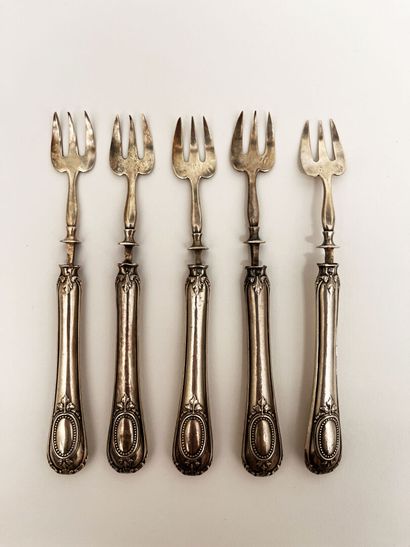 Set of five oyster forks, silver tip, forged...