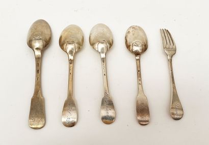 Set of four spoons and a fork in silver uniplat...