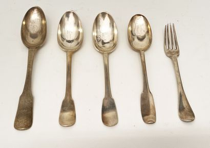 Set of four spoons and a fork in silver uniplat...