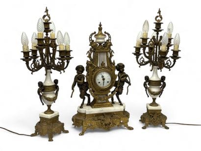 Gilded bronze and white marble mantel set,...