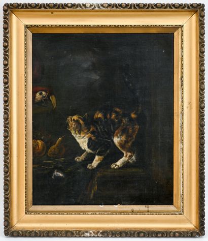 FRENCH SCHOOL 19th century
Cat and parrot
Oil...