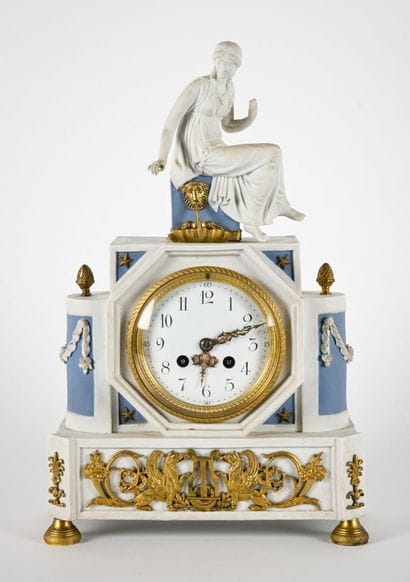 A blue and white cookie clock in the Wedgwood...