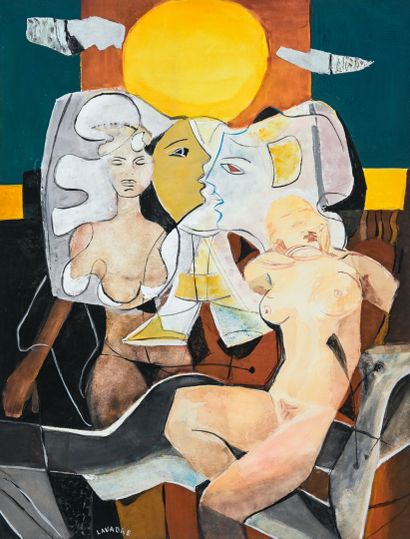 Robert LAVABRE (1928-1988) 
Nudes and moon
Gouache...