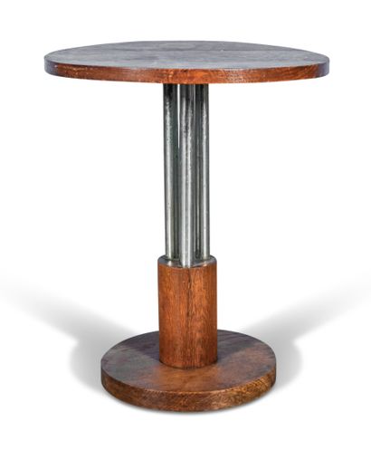 Oak pedestal table with three chromed metal...