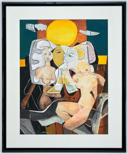Robert LAVABRE (1928-1988) 
Nudes and moon
Gouache...