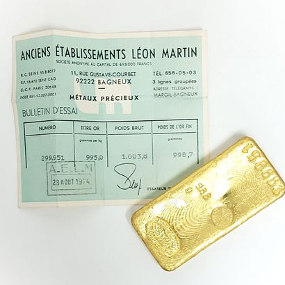 Lingot or 995 °/°° , Bulletin d'essai Leon...