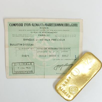 Lingot 999.9 °/°° Bulletin d'essai Lyon-Alemand...