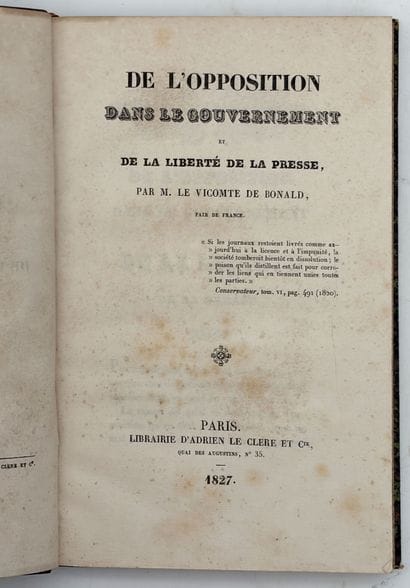 BONALD (L. G. A. de). ENSEMBLE DE 4 OUVRAGES:...