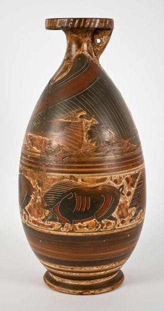 Flat-bottomed alabastron decorated with two...