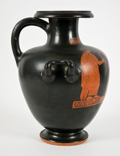 Red-figure hydria decorated with three athletes,...