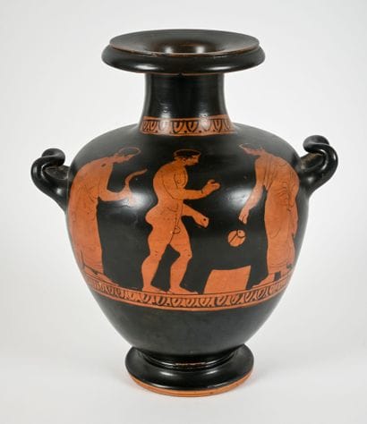 Red-figure hydria decorated with three athletes,...
